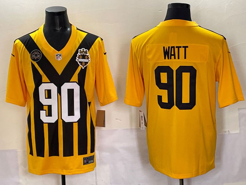 Men 2025 Pittsburgh Steelers #90 Watt Yellow Retro Nike Limited NFL Jersey style 03
